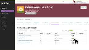 A student's profile in Xello on the Completion Standards tab. The cursor is marking a lesson as Exempt for the student.